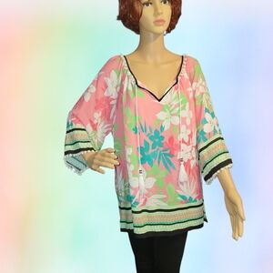Ruby Rd Boho Floral Tropical Tassel Blouse sz L Peasant Top Cruise